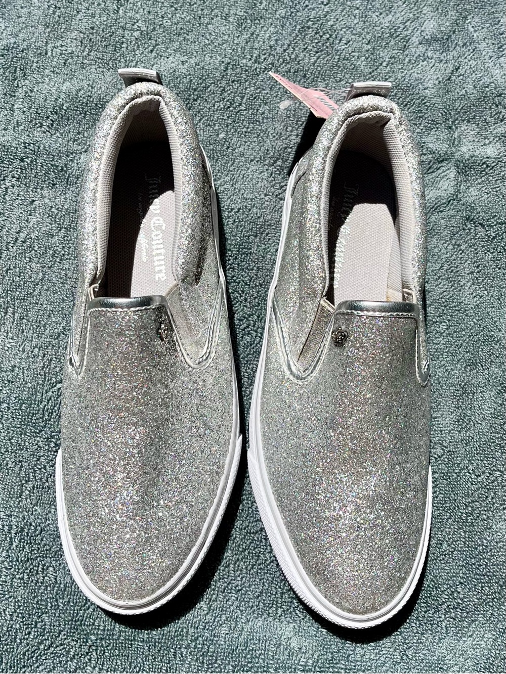 NWT Juicy Couture silver glitter charmed slip on shoes